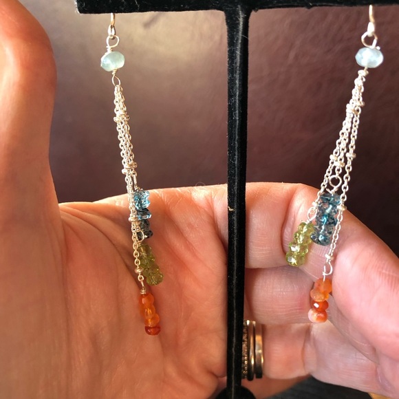 Artisan gemstone long dangle earring sterling silver trio peridot apatite 2.75” - Picture 4 of 7